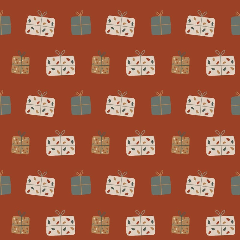 Joyful Christmas Scattered Presents Fabric - Burnt Orange - ineedfabric.com