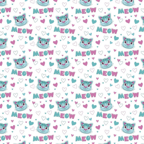 Kid’s Playtime, Cartoon Cat Face Fabric - Blue - ineedfabric.com