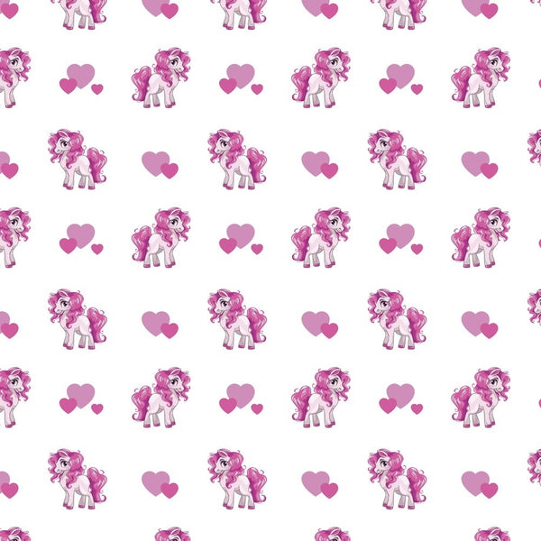 Kid’s Playtime, Cartoon Pony & Hearts Fabric - Pink - ineedfabric.com
