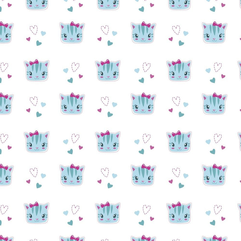 Kid’s Playtime, Cute Kitty Face Fabric - Blue - ineedfabric.com