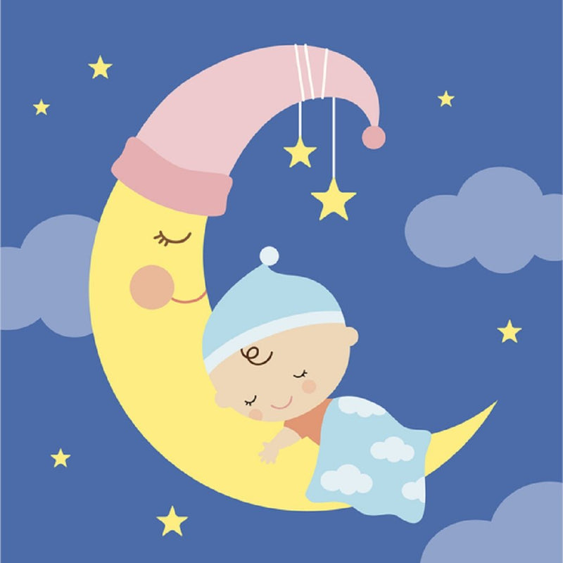 Kid's Playtime, Sleeping Baby On Moon Fabric Panel - Blue - ineedfabric.com