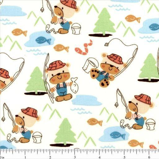 Kid's Time, Fishing Bear Fabric - Cream - ineedfabric.com