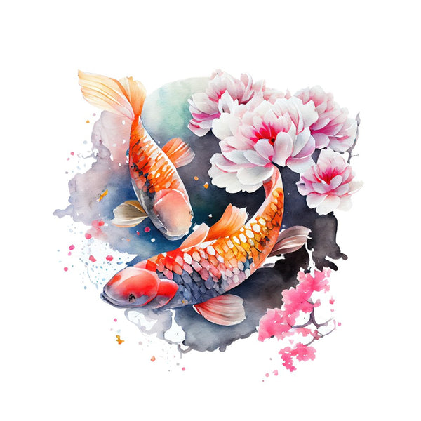 Koi Carp Fish Cherry Blossom 4 Fabric Panel - ineedfabric.com