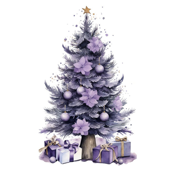 Lavender Christmas Tree with Presents Fabric Panel - ineedfabric.com
