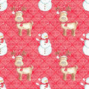 Let It Snow Reindeer and Snowmen on Damask Fabric - Red - ineedfabric.com
