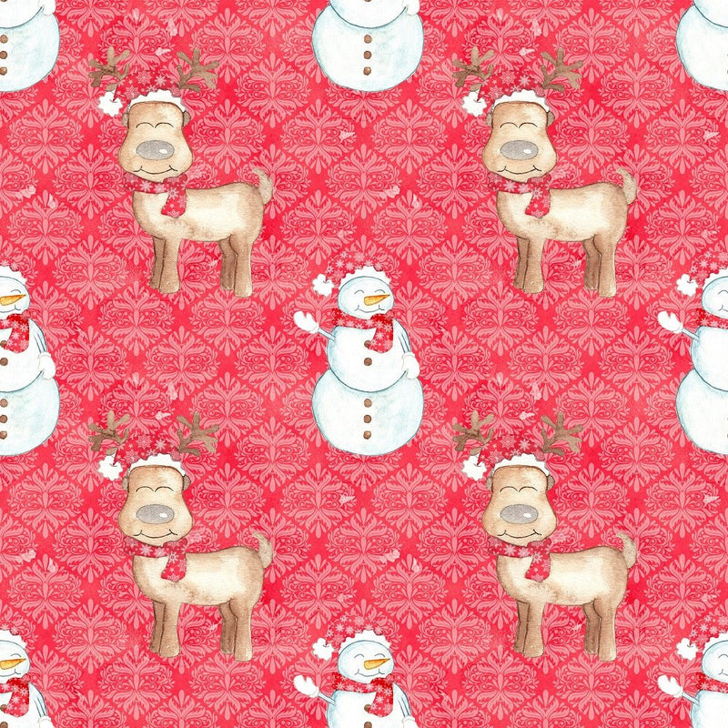 Let It Snow Reindeer and Snowmen on Damask Fabric - Red - ineedfabric.com