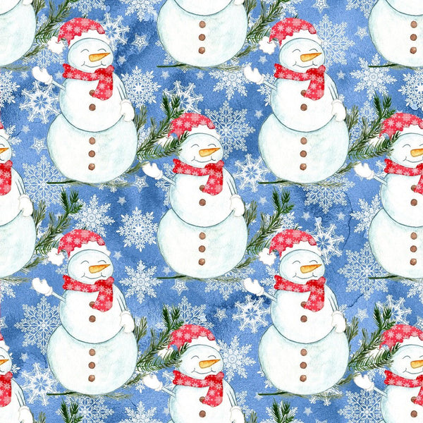 Let It Snow Snowmen on Snowflakes Fabric - Blue - ineedfabric.com