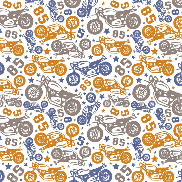 Let's Ride, Tossed Motorcycles Fabric - Multi - ineedfabric.com