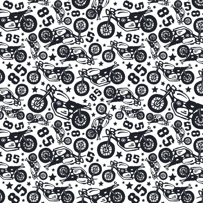 Let's Ride, Tossed Motorcycles Fabric - White - ineedfabric.com