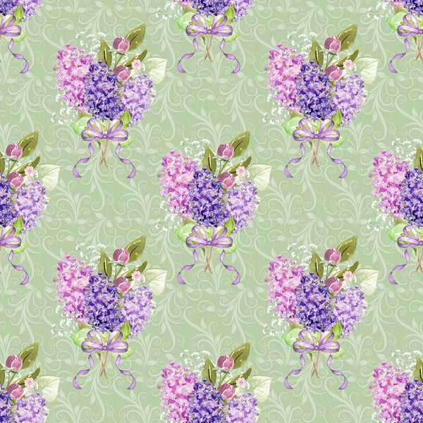 Lilac Bouquets & Filigree Fabric - Green - ineedfabric.com