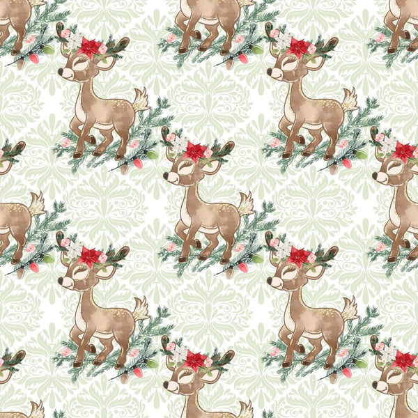 Little Bambi on Green Damask Fabric - ineedfabric.com