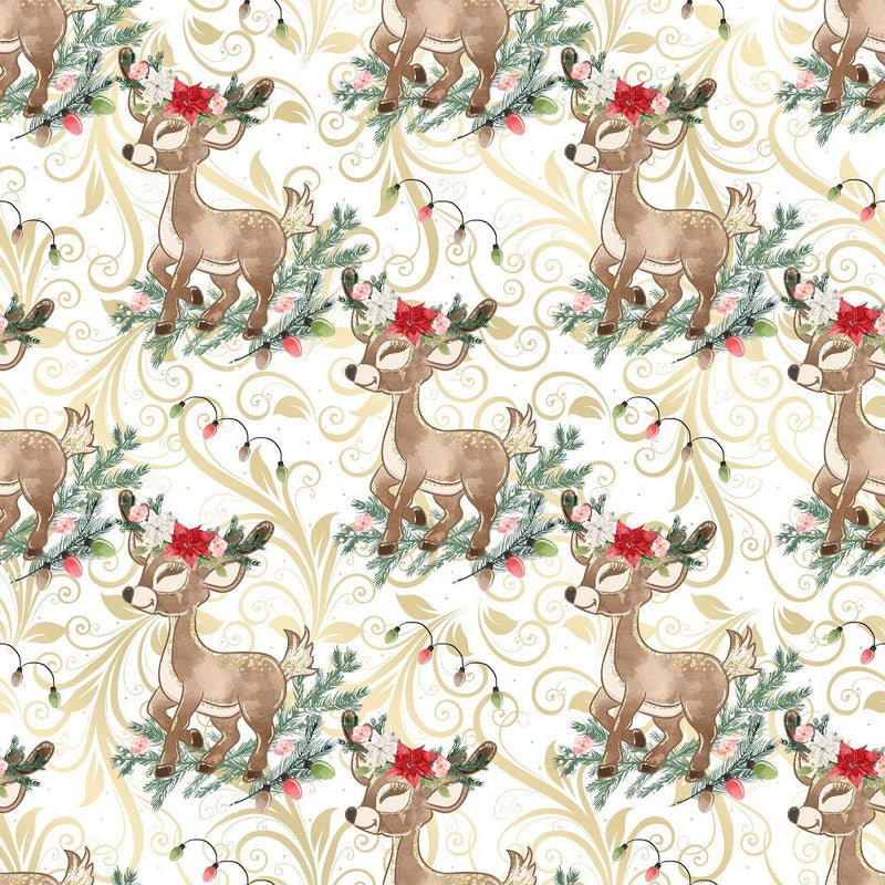 Little Bambi on Swirls Fabric - White - ineedfabric.com