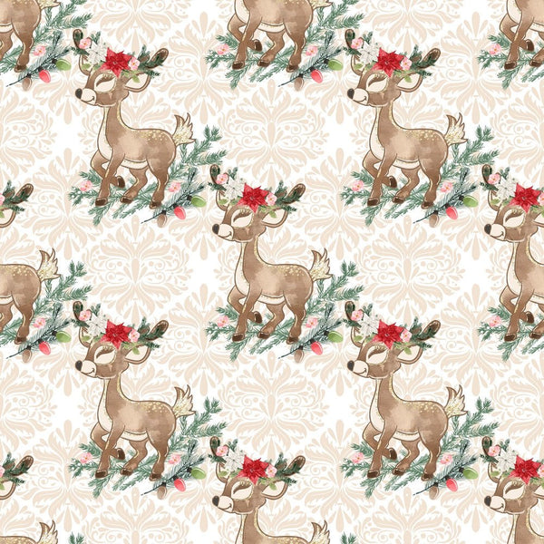Little Bambi on Tan Damask Fabric - ineedfabric.com