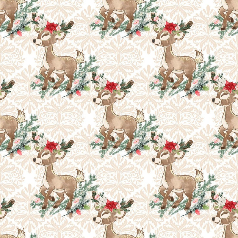 Little Bambi on Tan Damask Fabric - ineedfabric.com