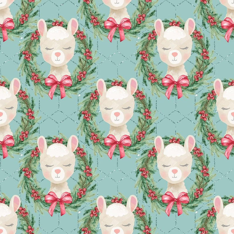 Llama Wreaths on Honey Comb Fabric - Teal - ineedfabric.com