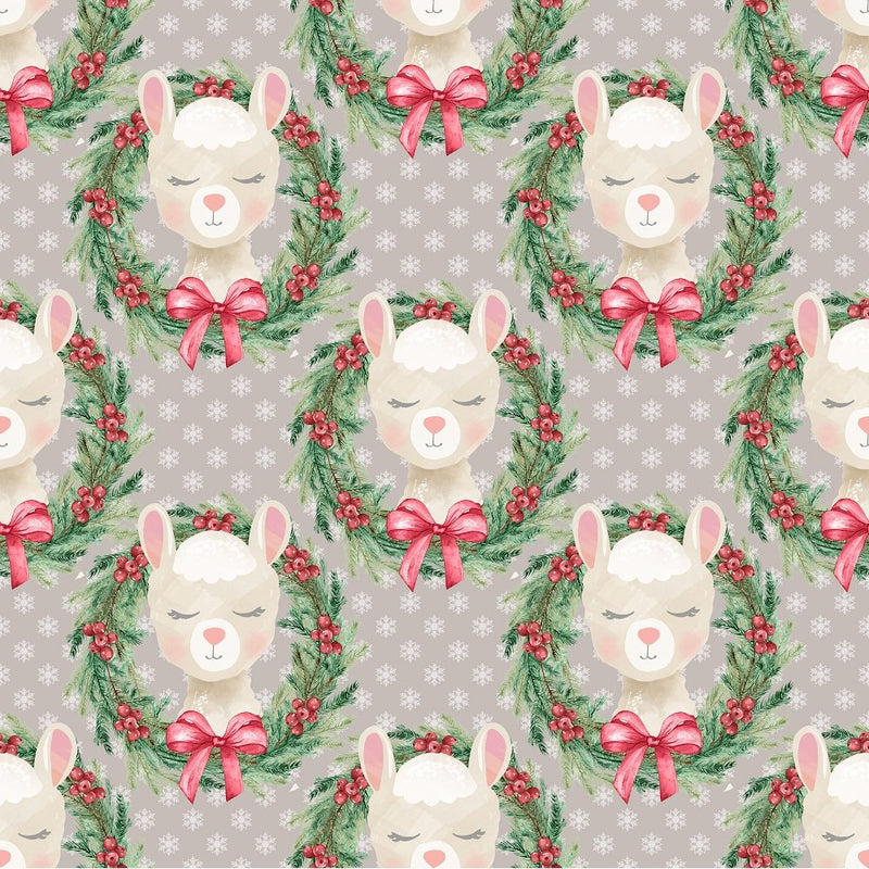Llama Wreaths on Snowflake Fabric - Grey - ineedfabric.com