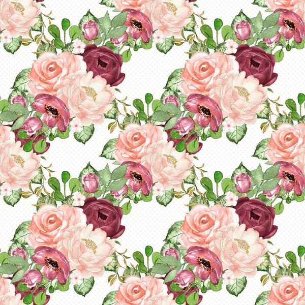 Marsala Bouquets on Dots Fabric - White - ineedfabric.com