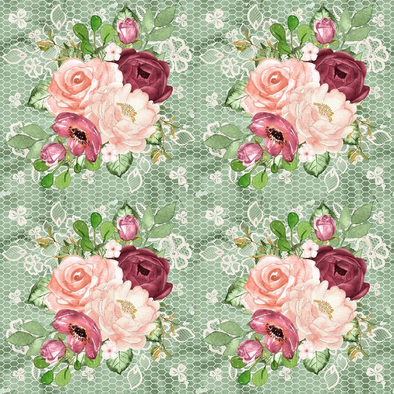 Marsala Bouquets on Lacey Floral Fabric - Green - ineedfabric.com