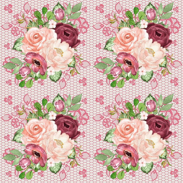 Marsala Bouquets on Lacey Floral Fabric - Pink - ineedfabric.com