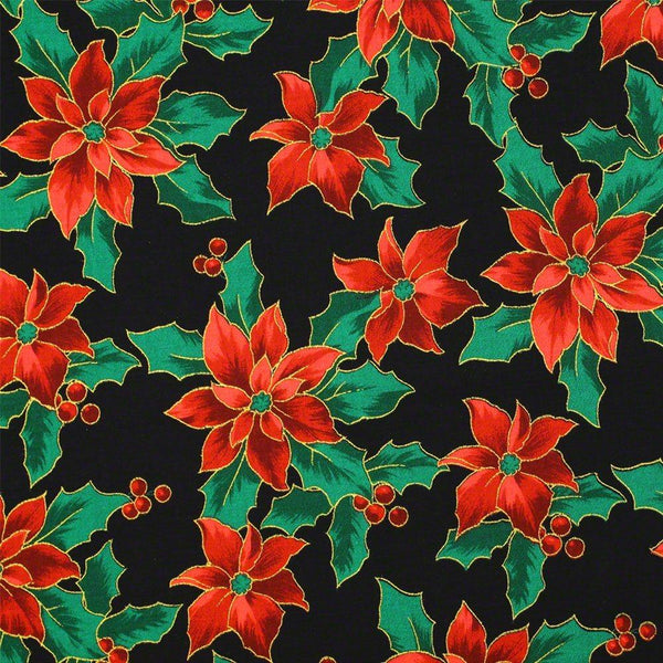 Merry Christmas Metallic Fabric, Poinsettias, Black - ineedfabric.com