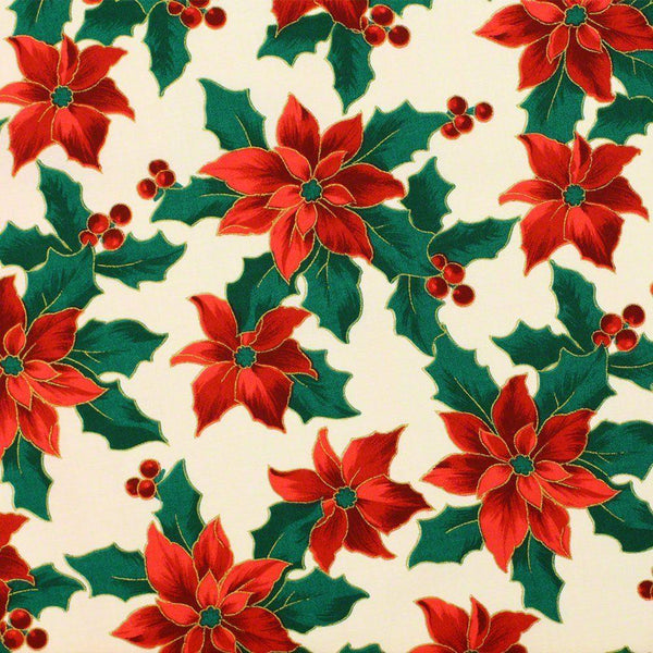 Merry Christmas Metallic Fabric, Poinsettias, Cream - ineedfabric.com