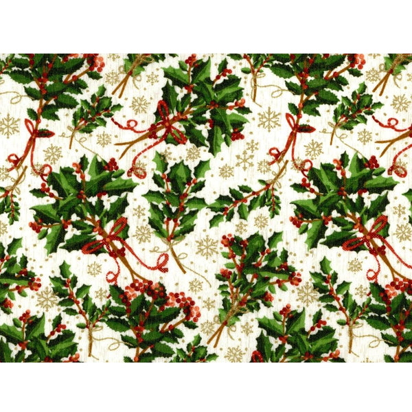 Merry Christmas Metallic Holly And Snowflakes Fabric - ineedfabric.com
