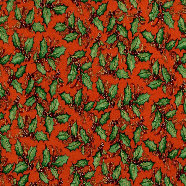 Merry Christmas Metallic Holly Fabric - Red - ineedfabric.com