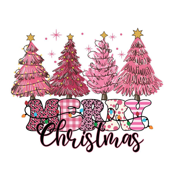 Merry Christmas & Pink Trees Fabric Panel - ineedfabric.com
