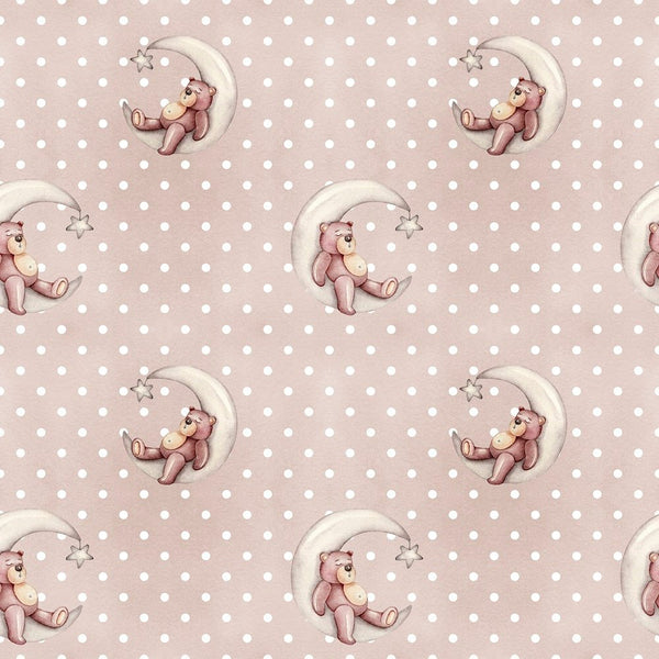 Nursery Bear Sleeping Moon on Dots Fabric - ineedfabric.com