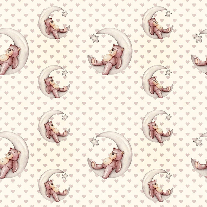 Nursery Bear Sleeping Moon on Hearts Fabric - ineedfabric.com