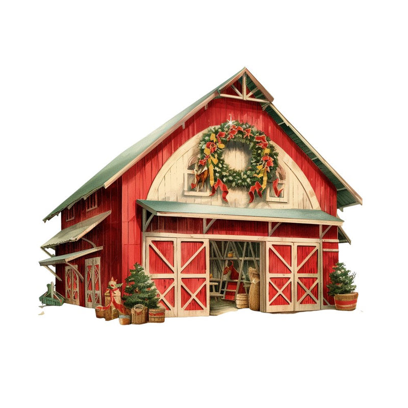 Old School Christmas Farm House 3 Fabric Panel - ineedfabric.com