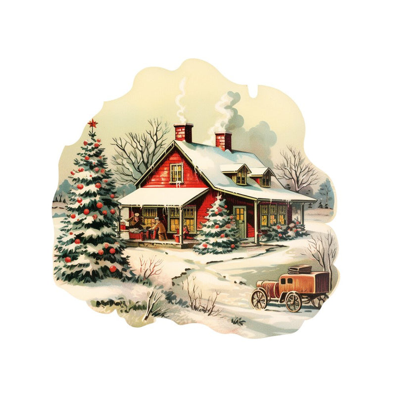 Old School Christmas Farm House 6 Fabric Panel - ineedfabric.com