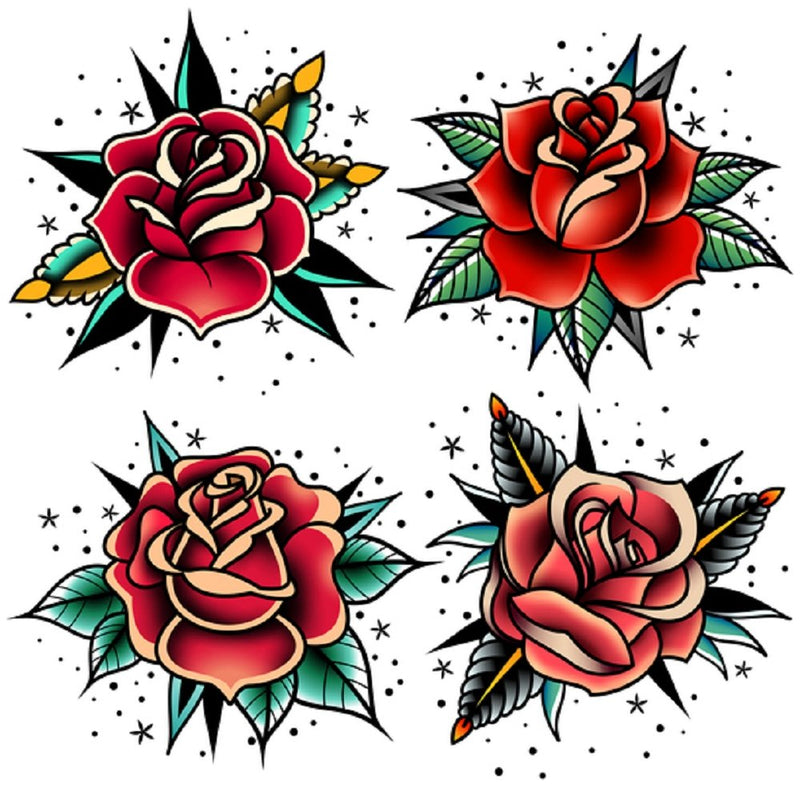 Old School Tattoo Roses Fabric Panel - White - ineedfabric.com