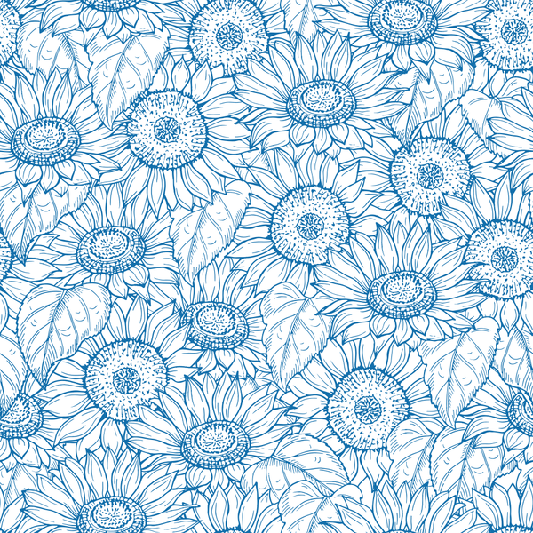 Outlined Sunflower Fabric - Blue - ineedfabric.com