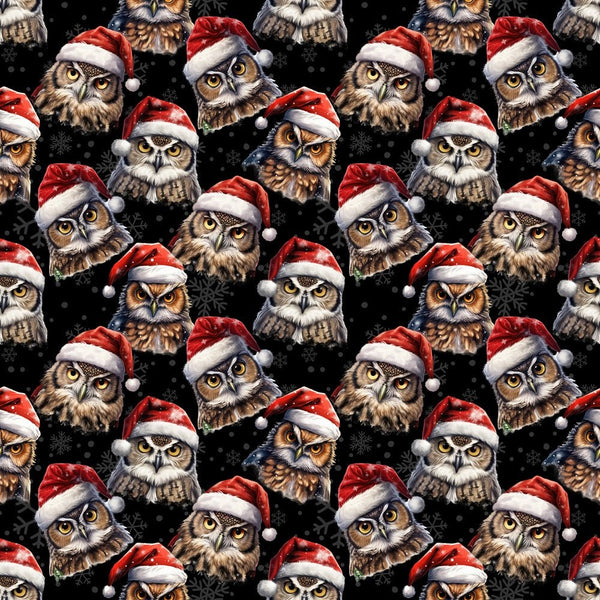 Owls In Santa Hats Fabric - Black - ineedfabric.com
