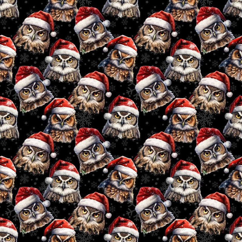 Owls In Santa Hats Fabric - Black - ineedfabric.com