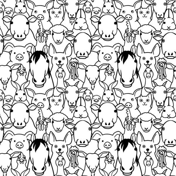 Packed Cartoon Farm Animal Faces Fabric - Black/White - ineedfabric.com