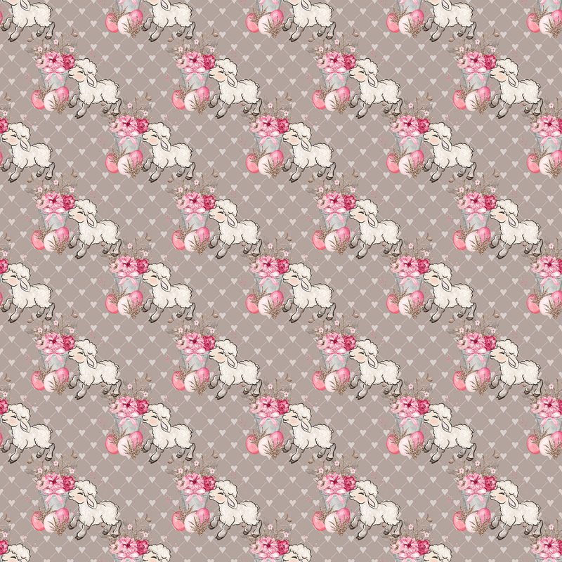 Packed Easter Flowers & Lamb on Hearts Fabric - Gray - ineedfabric.com