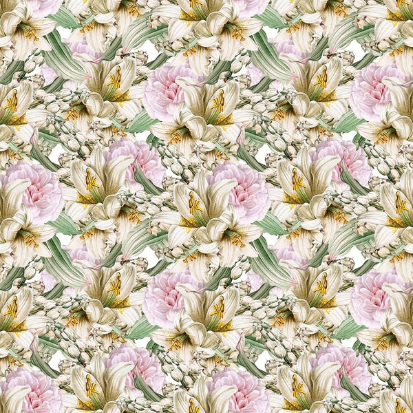 Packed Lily & Hydrangeas Fabric - White - ineedfabric.com