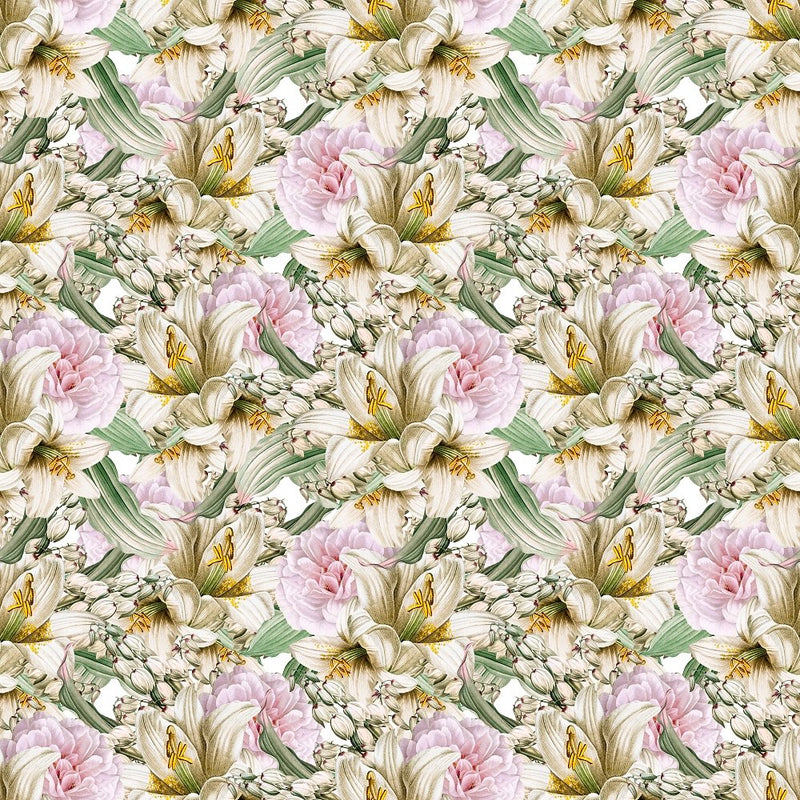 Packed Lily & Hydrangeas Fabric - White - ineedfabric.com