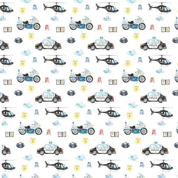 Packed Police Helicopter And Bike Fabric - White - ineedfabric.com