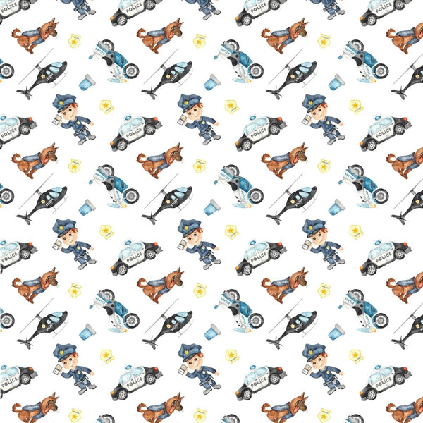 Packed Policeman With Helicopter And Dog Fabric - White - ineedfabric.com