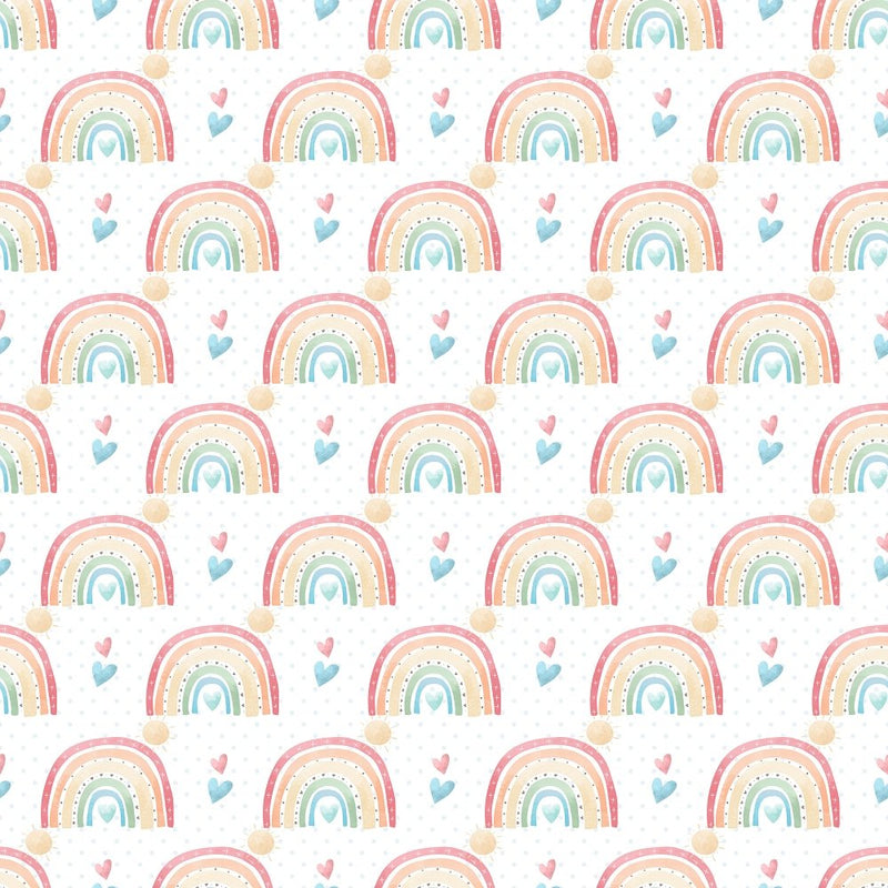 Packed Rainbows & Hearts Fabric - White - ineedfabric.com