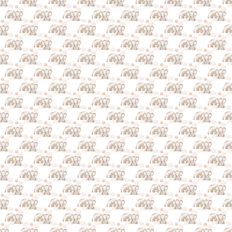 Packed Sweet Baby Elephants & Rainbows Fabric - White - ineedfabric.com