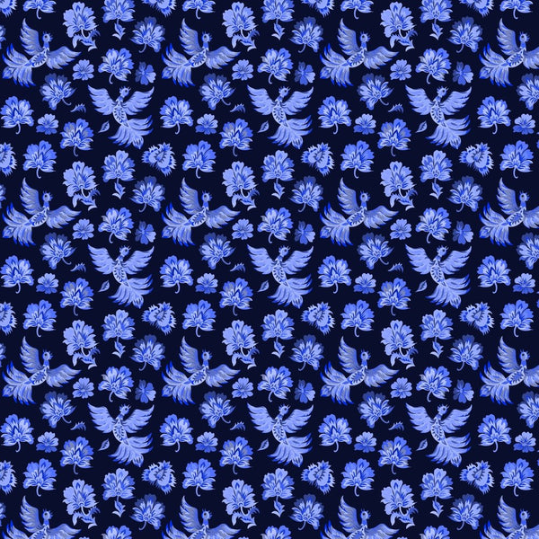 Packed Ukrainian Fantasy Birds & Flowers Fabric - Blue/Navy - ineedfabric.com