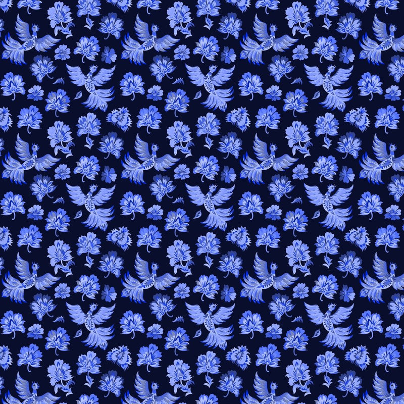 Packed Ukrainian Fantasy Birds & Flowers Fabric - Blue/Navy - ineedfabric.com