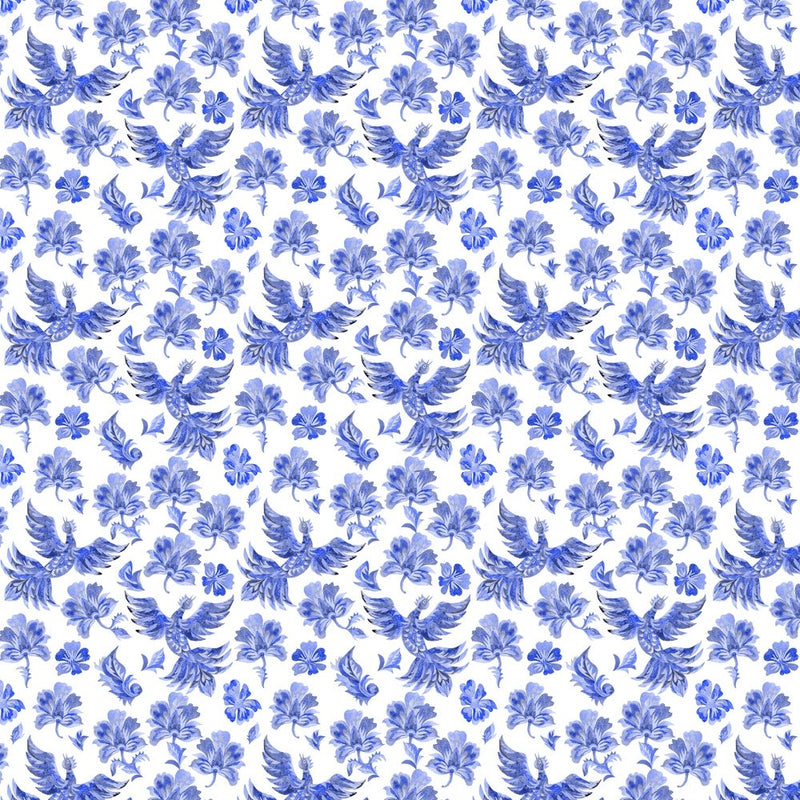 Packed Ukrainian Fantasy Birds & Flowers Fabric - Blue/White - ineedfabric.com