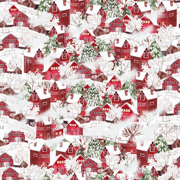 Packed Winter Village Fabric - White - ineedfabric.com