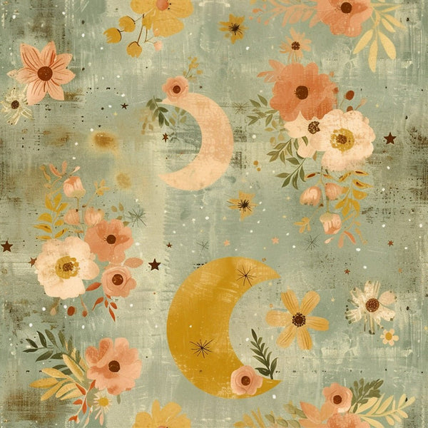 Pastel Floral Moon Fabric - Blue - ineedfabric.com