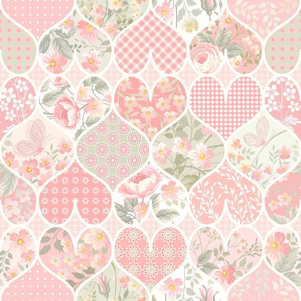 Patchwork Hearts with Flowers Fabric - Pastel - ineedfabric.com